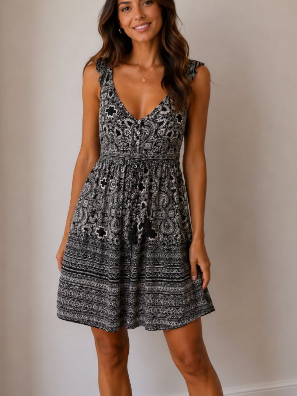 Hollister Womens Babydoll Peasant Dress Paisley Print Black Size XS